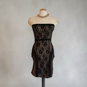 Guess Black Lace Strapless Sheath Dress with Nude Underlay